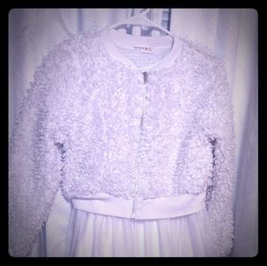 White dress with gold sparkles w/ furry jacket